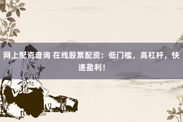 网上配资查询 在线股票配资：低门槛，高杠杆，快速盈利！